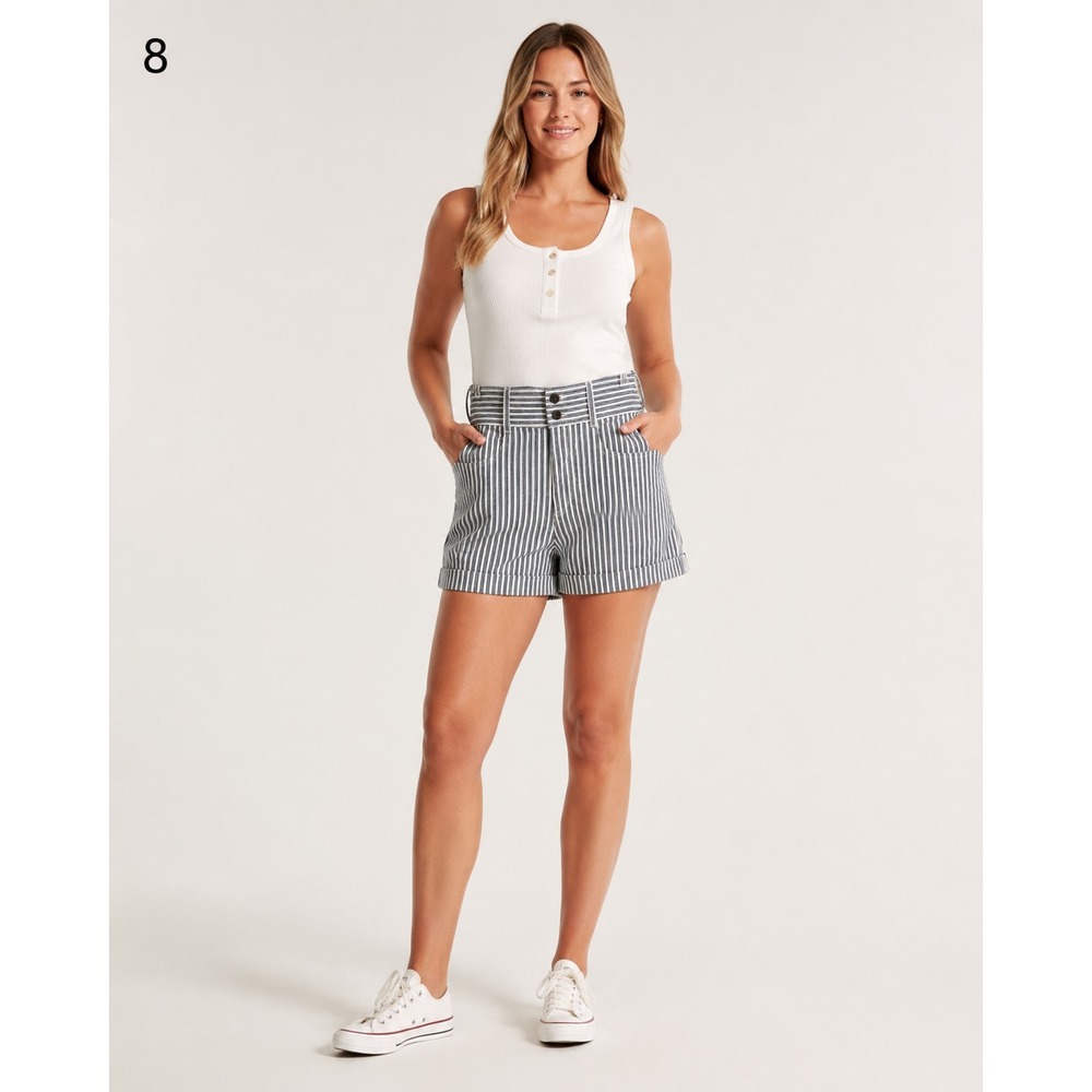 Vintage Bennini High Waisted Shorts Womens 5/6 Blue White Railroad Stripe Cotton